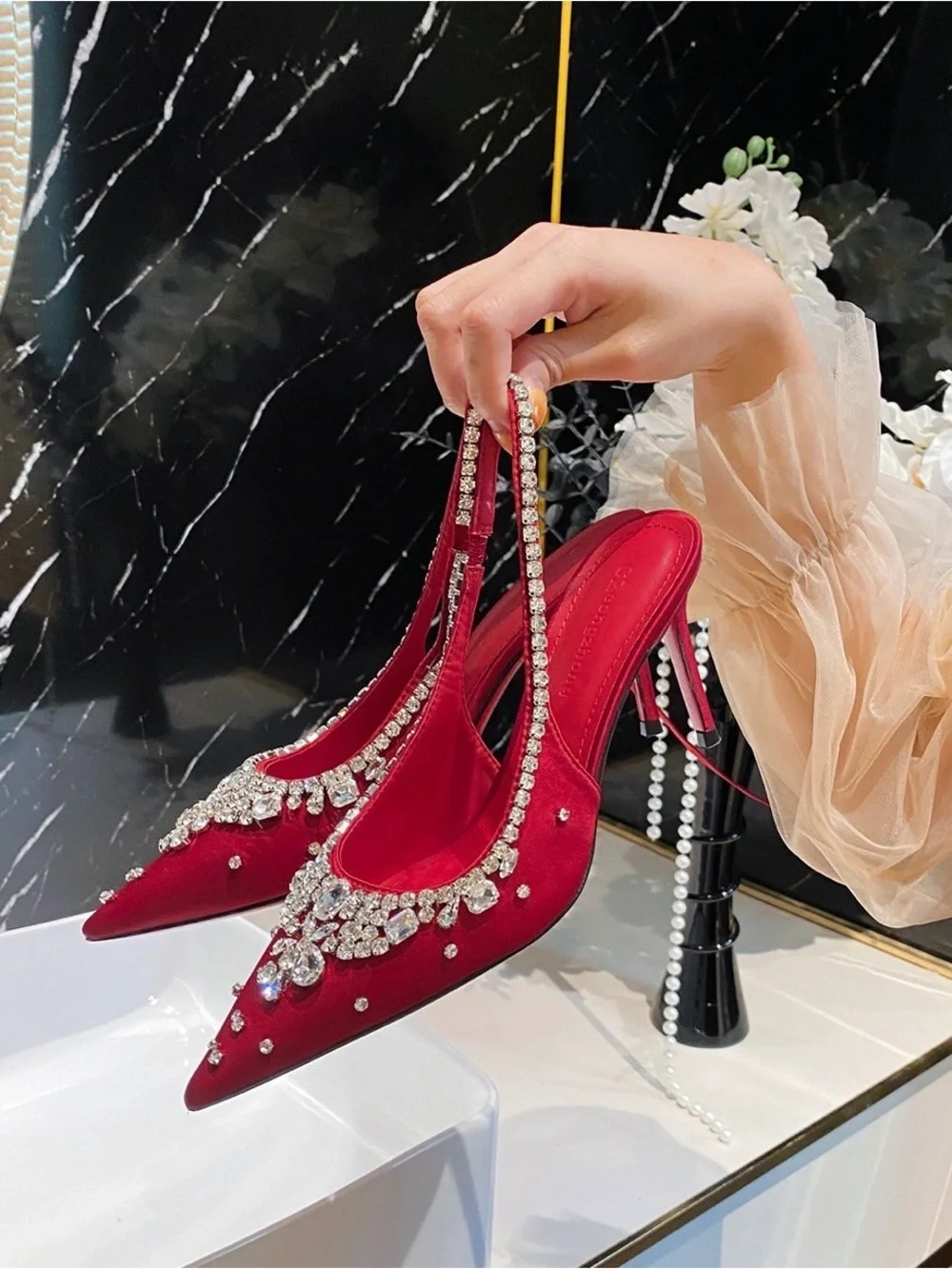 A Classy Chic Boutique Red Crystal-Embellished Slingback Pump